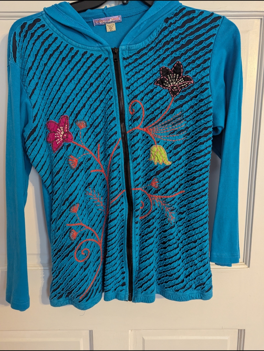 Teal Embroidered Zip Hoodie with Floral Appliqué